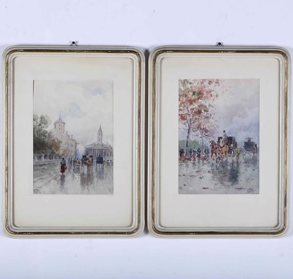 Aurelio Catti (1895-1966) Vedute cittadine con figure  - Asta Dipinti del XIX-XX secolo - Associazione Nazionale - Case d'Asta italiane