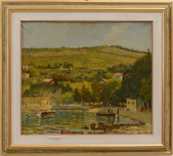 Vittorio Bergagna : Veduta costiera con imbarcazioni  - Asta Dipinti del XIX-XX secolo - Associazione Nazionale - Case d'Asta italiane