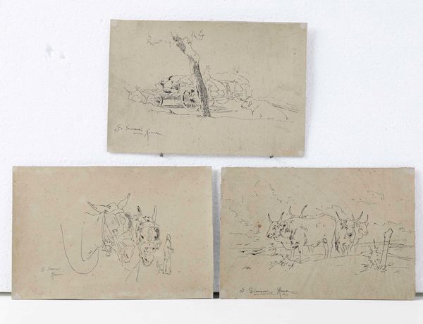 Gustavo Simoni : tre schizzi di armenti e carri  - Asta Dipinti del XIX-XX secolo - Associazione Nazionale - Case d'Asta italiane