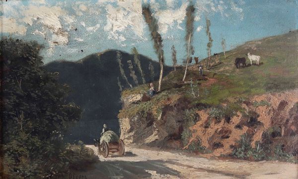 G. Sueng (?) Strada di campagna con carretto  - Asta Dipinti del XIX-XX secolo - Associazione Nazionale - Case d'Asta italiane