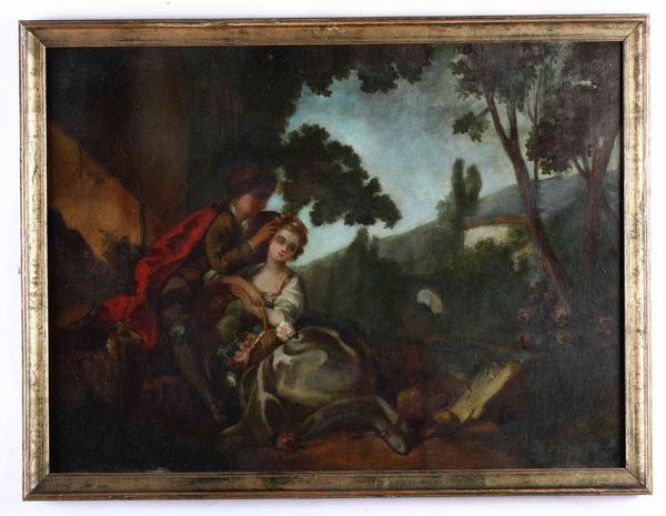 Nei modi del XVII secolo Scena romantica entro paesaggio  - Asta Dipinti del XIX-XX secolo - Associazione Nazionale - Case d'Asta italiane