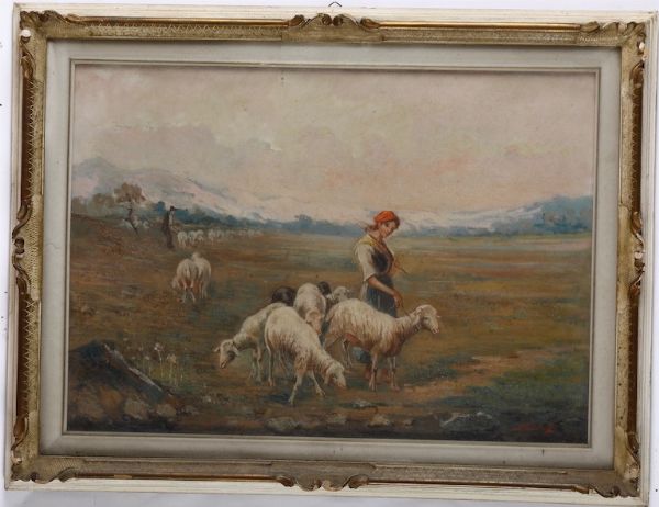 Pacifico Sidoli : Paesaggio rurale con figura e pecore  - Asta Dipinti del XIX-XX secolo - Associazione Nazionale - Case d'Asta italiane