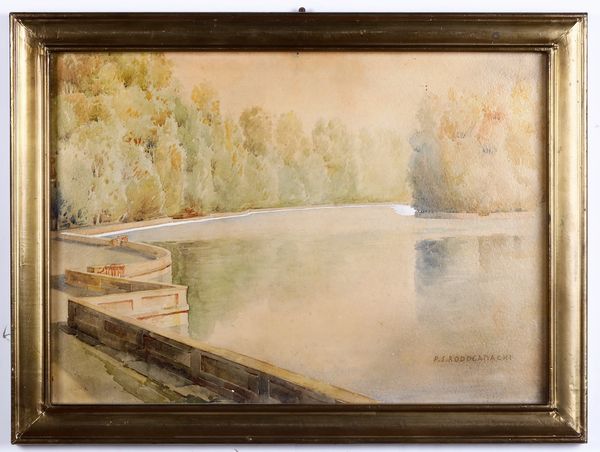 PAOLO RODOCANACHI : Paesaggio lacustre  - Asta Dipinti del XIX-XX secolo - Associazione Nazionale - Case d'Asta italiane