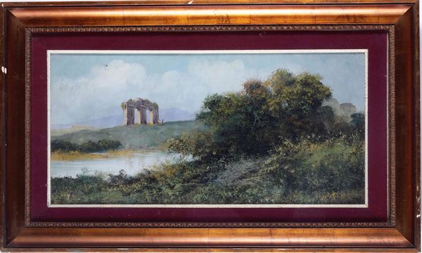 Scuola romana, inizio XX secolo Veduta con acquedotto  - Asta Dipinti del XIX-XX secolo - Associazione Nazionale - Case d'Asta italiane