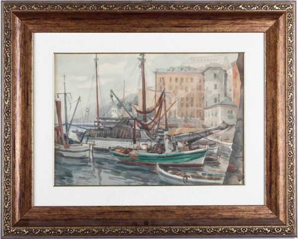 Emilio Kalchschmidt Barche da pesca nel porto di Camogli  - Asta Dipinti del XIX-XX secolo - Associazione Nazionale - Case d'Asta italiane