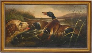 Rolfe Henry Leonidas - Scena di caccia con cani e papere, XIX secolo.