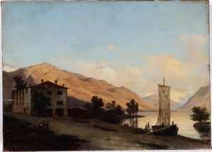Pittore del XIX secolo Veduta lago Como  - Asta Dipinti del XIX-XX secolo - Associazione Nazionale - Case d'Asta italiane