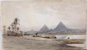 Pittore del XIX secolo Paesaggio con piramidi, 1891  - Asta Dipinti del XIX-XX secolo - Associazione Nazionale - Case d'Asta italiane
