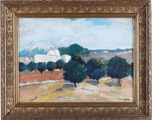 Vittorio Paradisi (1934 Lecce) Paesaggio con alberi con sfondo di case  - Asta Dipinti del XIX-XX secolo - Associazione Nazionale - Case d'Asta italiane