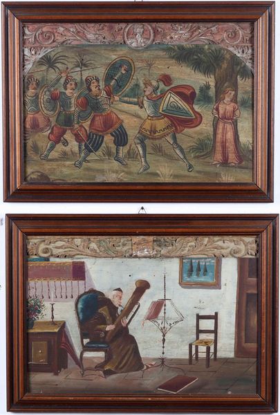 Scuola del XIX secolo due pannelli raffiguranti duello e musicista  - Asta Antiquariato Ottobre  - Associazione Nazionale - Case d'Asta italiane