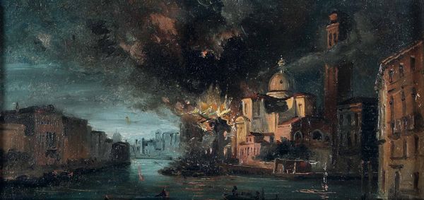 Pittore della fine del XIX secolo Veduta di Venezia con incendio notturno  - Asta Antiquariato Ottobre  - Associazione Nazionale - Case d'Asta italiane