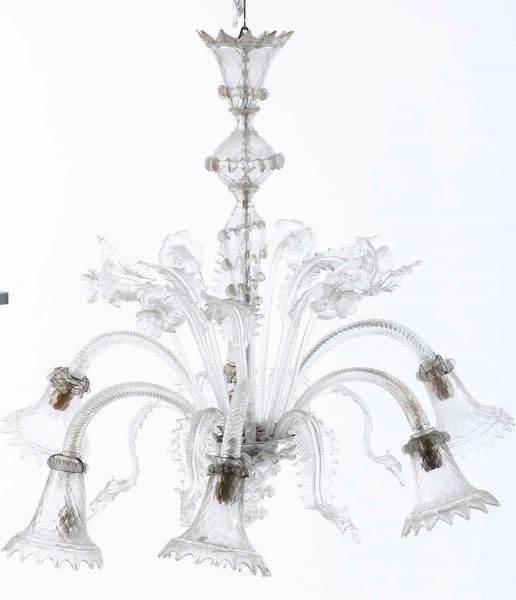Lampadario in vetro a sei luci. XX secolo  - Asta Antiquariato Ottobre  - Associazione Nazionale - Case d'Asta italiane