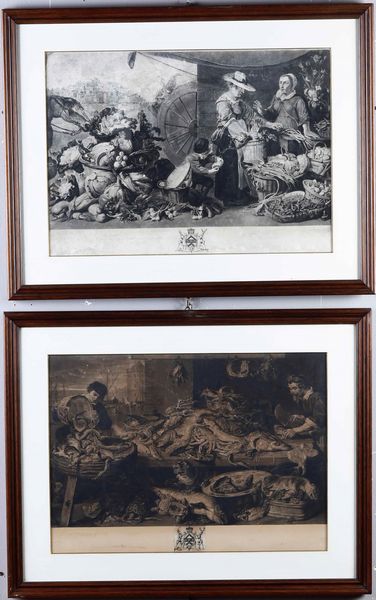 Gruppo di quattro incisioni Natura morta con selvaggina e Scene da mercato  - Asta Antiquariato Ottobre  - Associazione Nazionale - Case d'Asta italiane