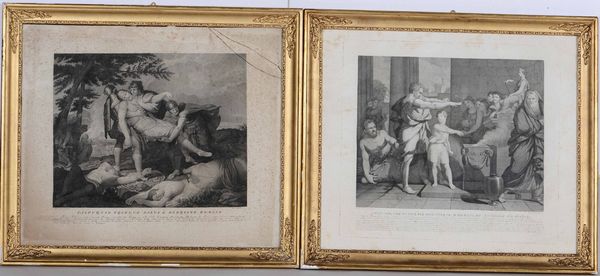 Coppia di stampe Calpurnio tribuno salva l'esercito romano e Amilcare che fa giurare odio eterno ai romani da Annibale suo figlio Stampe decorative del secolo XIX, entro belle cornici dorate.  - Asta Antiquariato Ottobre  - Associazione Nazionale - Case d'Asta italiane