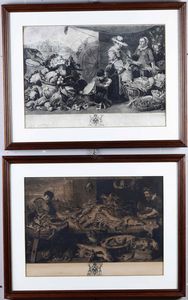 Gruppo di quattro incisioni Natura morta con selvaggina e Scene da mercato  - Asta Antiquariato Ottobre  - Associazione Nazionale - Case d'Asta italiane