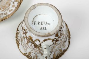 Lotto composto da sette tazze con piattini e una piccola ciotola in porcellana. Manifatture diverse, XIX-XX secolo  - Asta Antiquariato Ottobre  - Associazione Nazionale - Case d'Asta italiane