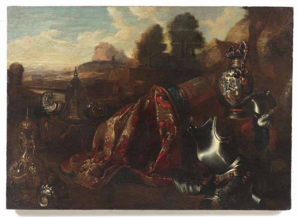 GENOVESE ROSSO (1591 - 1638) : Trofeo di armi con tappeto, vasi e oggetti preziosi  - Asta Asta 379 | ARTE ANTICA E DEL XIX SECOLO - Dipinti antichi e antiquariato  Online - Associazione Nazionale - Case d'Asta italiane