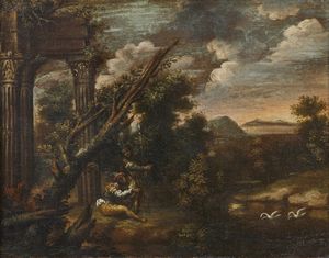 GHISOLFI GIOVANNI (1623 - 1683) - Cerchia di. Paesaggio lacustre con soldati e rovine