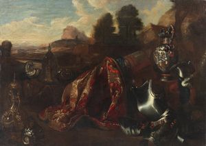 GENOVESE ROSSO (1591 - 1638) - Trofeo di armi con tappeto, vasi e oggetti preziosi