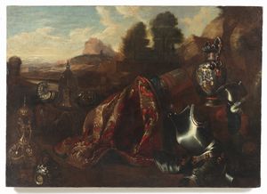 GENOVESE ROSSO (1591 - 1638) : Trofeo di armi con tappeto, vasi e oggetti preziosi  - Asta Asta 379 | ARTE ANTICA E DEL XIX SECOLO - Dipinti antichi e antiquariato  Online - Associazione Nazionale - Case d'Asta italiane