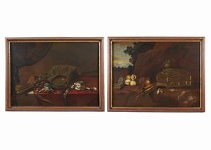 ARTISTA NAPOLETANO DEL XVII SECOLO - Coppia di dipinti raffiguranti natura morta di frutta e cacciagione