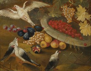 ARTISTA DEL XVIII SECOLO - Natura morta con frutti e colombe