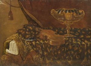 IL MALTESE FRANCESCO FIERAVINO (1611 - 1654) - Attribuito a. Natura morta con tappeto, violino e spartito