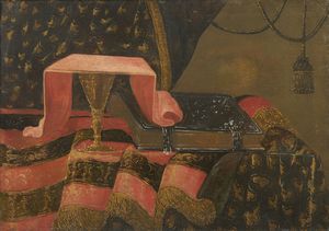 IL MALTESE FRANCESCO FIERAVINO (1611 - 1654) - Attribuito a. Natura morta con tappeto, libro e calice