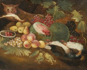 ARTISTA DEL XVIII SECOLO - Natura morta con frutta, cacciagione e gatto