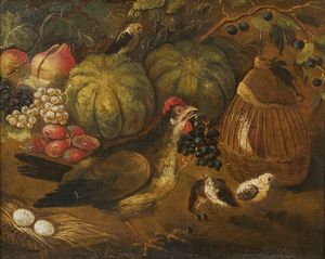 ARTISTA DEL XVIII SECOLO - Natura morta con frutta e gallina
