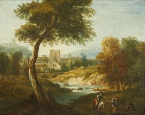 DIZIANI ANTONIO (1737 - 1797) - Attribuito a. Paesaggio fluviale con personaggi