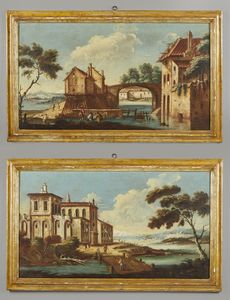 ARTISTA VENETO DEL XVIII SECOLO - Coppia di dipinti raffiguranti paesaggio fluviale con personaggi