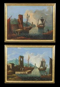 ARTISTA DEL XVIII SECOLO - Coppia di dipinti raffiguranti porti con barche e personaggi