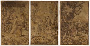 MANIFATTURA DEL XIX-XX SECOLO - Gruppo di tre arazzi raffiguranti scene galanti