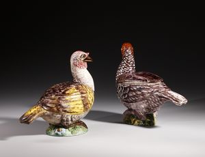 MANIFATTURA BARETTONI, NOVE, INIZI DEL XX SECOLO : Attribuito a. Coppia di terrine con coperchio in terraglia policroma in forma di capponi  - Asta Asta 379 | ARTE ANTICA E DEL XIX SECOLO - Dipinti antichi e antiquariato  Online - Associazione Nazionale - Case d'Asta italiane