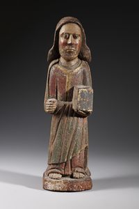 SCULTORE DI AREA CATALANO-PIRENAICA DEL XIII-XIV SECOLO - Figura di Evangelista in legno policromo