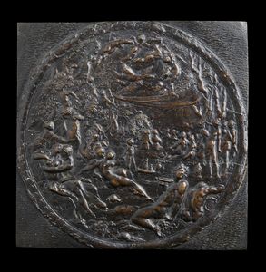 MANIFATTURA DEL XVI SECOLO - Placca in bronzo raffigurante Baccanale entro cornice circolare