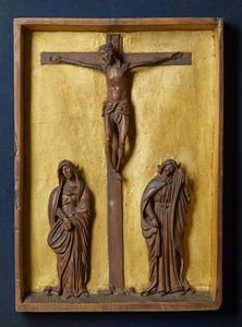 SCULTORE DEL XVII-XVIII SECOLO - Crocifissione in legno intagliato con Cristo, Maria e S. Giovanni