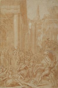 ARTISTA EMILIANO DEL XVII SECOLO - Totila, re dei Goti, davanti a San Benedetto