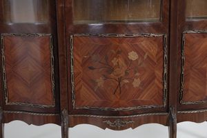 MANIFATTURA FRANCESE DEL XIX-XX SECOLO : Vetrina in mogano, montature in bronzo dorato, fianchi e sportello in vetro con pannelli inferiori con decoro a motivi floreali, gambe mosse, interno con ripiani a giorno rivestiti in velluto.  - Asta Asta 379 | ARTE ANTICA E DEL XIX SECOLO - Dipinti antichi e antiquariato  Online - Associazione Nazionale - Case d'Asta italiane