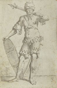 ROSA SALVATORE (1615 - 1673) - Guerriero esotico indossa un cappello testa di leone, in possesso di una mazza e scudo