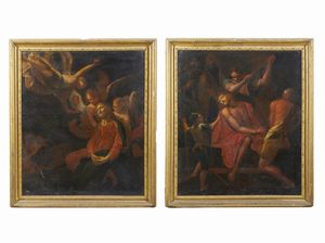 ARTISTA DEL XVII SECOLO - Coppia di dipinti raffiguranti Cristo deriso e il sogno di San Giuseppe