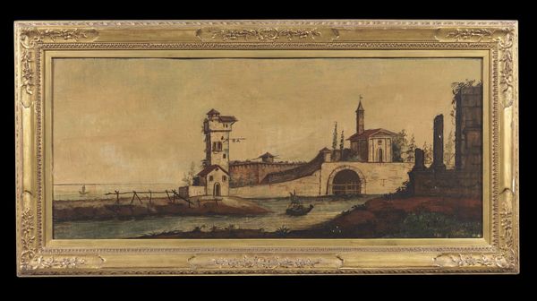 DELEIDI, DETTO IL NEBBIA LUIGI (1784 - 1853) : Attribuito a. Paesaggio lacustre con edifici  - Asta Asta 381 | ARTE ANTICA E DEL XIX SECOLO - Dipinti del XIX secolo  Online - Associazione Nazionale - Case d'Asta italiane