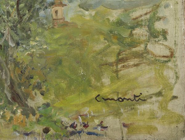 MONTI CESARE (1891 - 1959) : Paesaggio con alberi e campanile.  - Asta Asta 381 | ARTE ANTICA E DEL XIX SECOLO - Dipinti del XIX secolo  Online - Associazione Nazionale - Case d'Asta italiane