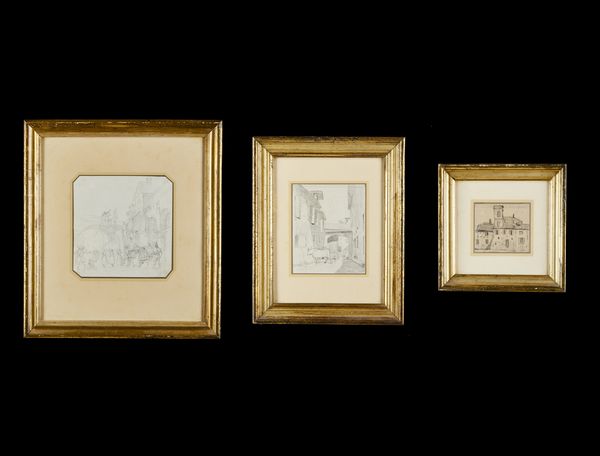 Scuola italiana del XIX secolo : Gruppo di tre disegni raffiguranti paesaggi con edifici e scena cittardina  - Asta Asta 381 | ARTE ANTICA E DEL XIX SECOLO - Dipinti del XIX secolo  Online - Associazione Nazionale - Case d'Asta italiane