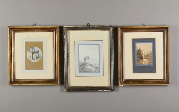 Scuola italiana del XIX secolo : Gruppo di tre opere su carta raffiguranti un paesaggio mediterraneo con iscrizione a Carlo Raimondi (1809-1883) e due paesaggi montani  - Asta Asta 381 | ARTE ANTICA E DEL XIX SECOLO - Dipinti del XIX secolo  Online - Associazione Nazionale - Case d'Asta italiane