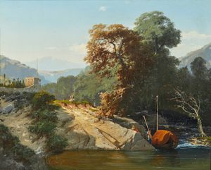 CALVI ERCOLE (1824 - 1900) - Paesaggio fluviale con personaggi