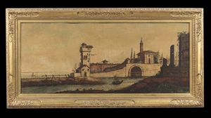 DELEIDI, DETTO IL NEBBIA LUIGI (1784 - 1853) - Attribuito a. Paesaggio lacustre con edifici