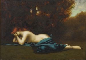 HENNER JEAN JACQUES (1829 - 1905) - Attribuito a. Figura femminile sdraiata in un bosco