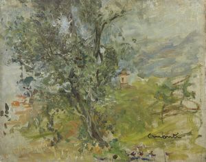 MONTI CESARE (1891 - 1959) - Paesaggio con alberi e campanile.